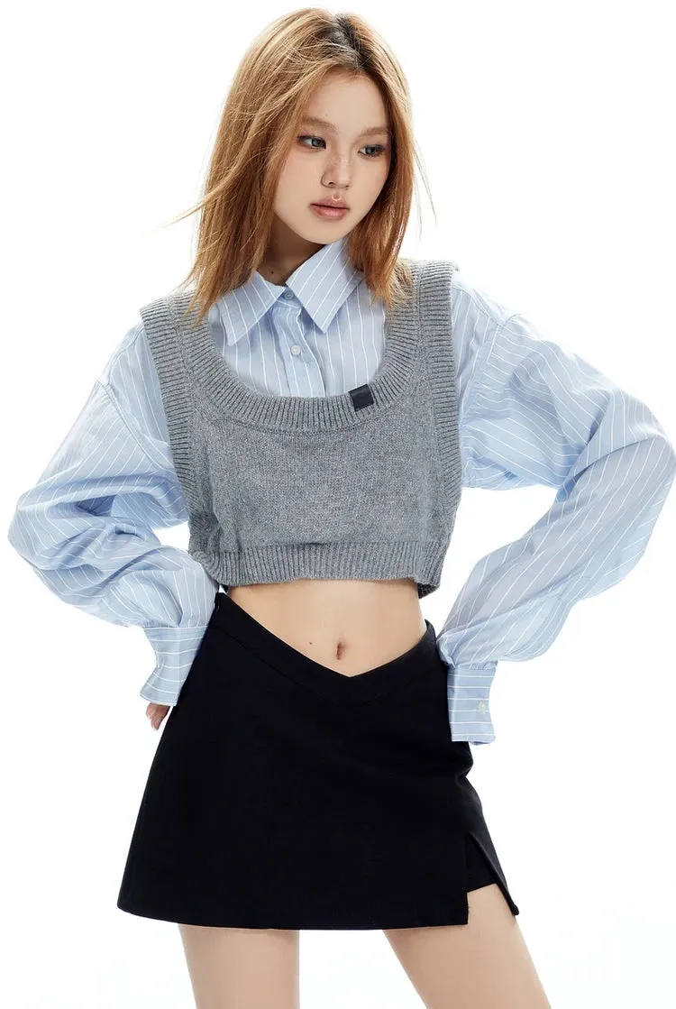 Mock Two-Piece Stripe Button Cropped Shirt-Top