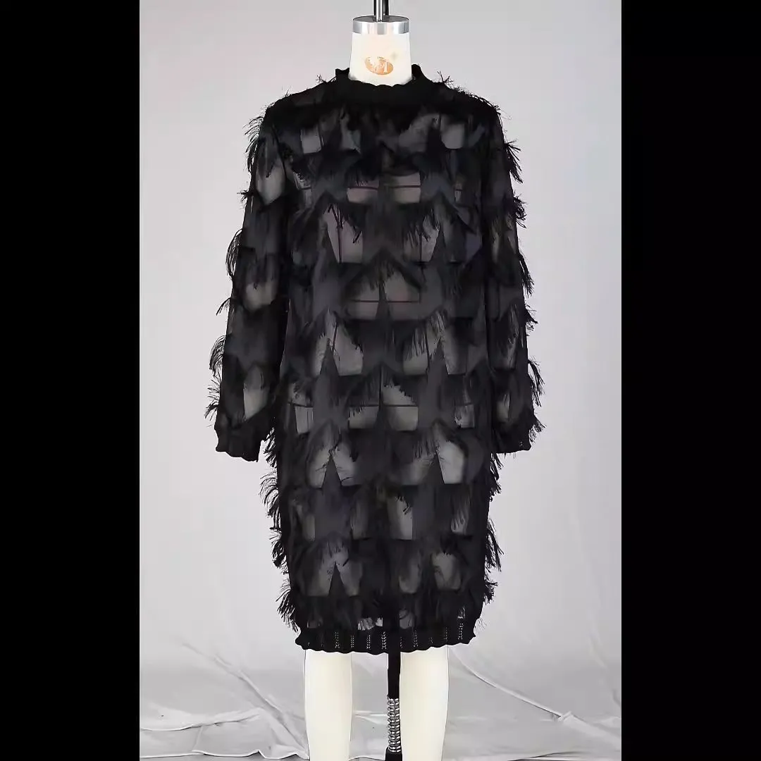 Pre Order:  Oversized Chiffon Fringed Ribbed Lace Midi Dress