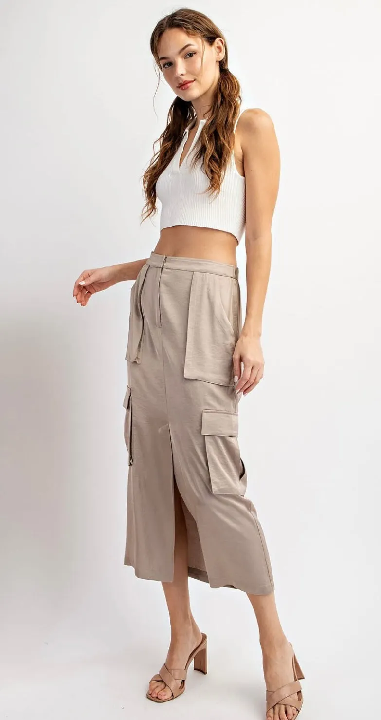 Satin Cargo Midi Skirt