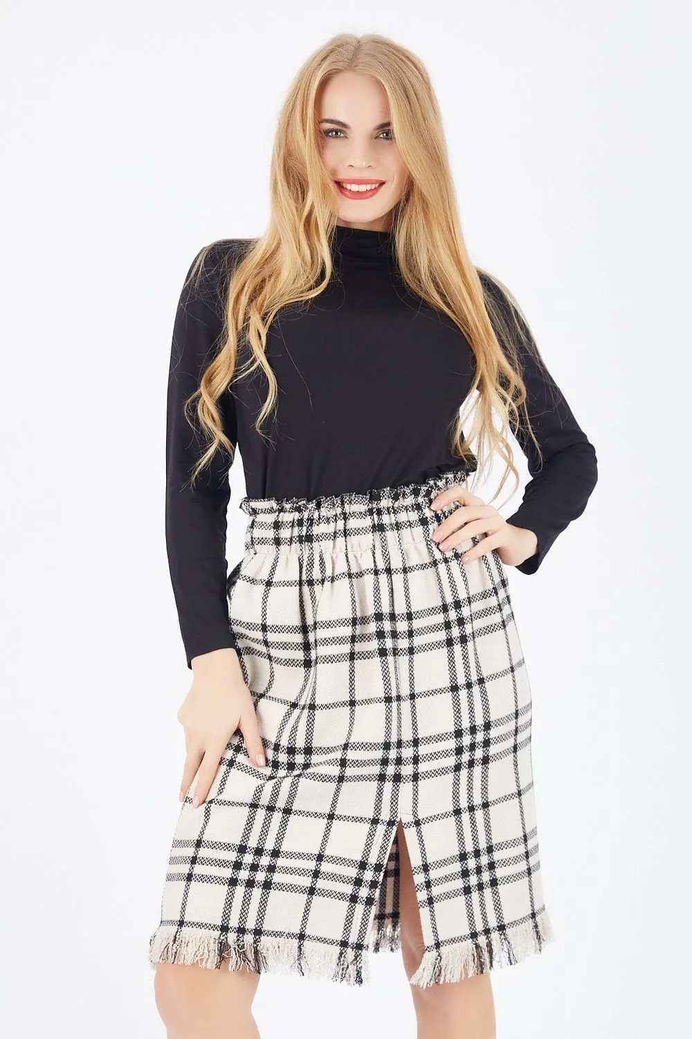 SNS Beige Black Thin Striped Slit Plaid Skirt - Warren