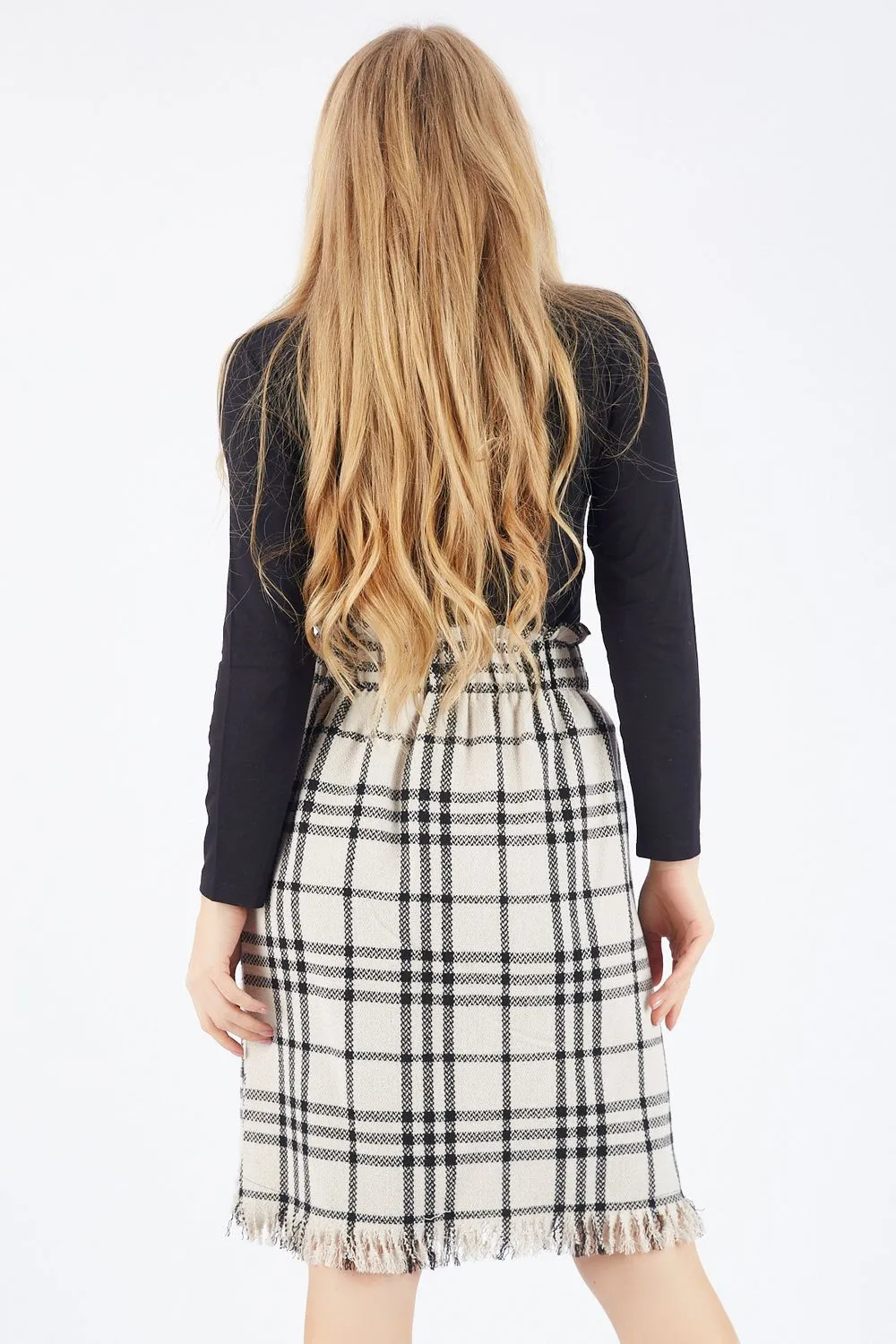 SNS Beige Black Thin Striped Slit Plaid Skirt - Warren