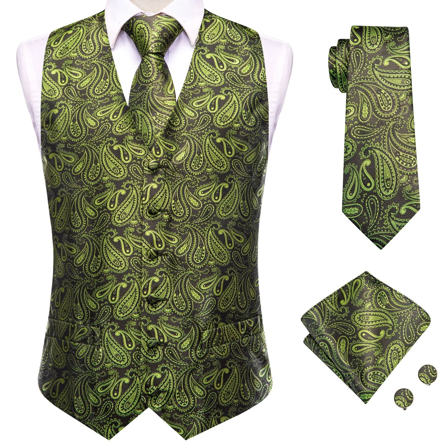 Ties2you Vest for Mens Pickle Green Paisley Jacquard Silk Vest Hanky Cufflinks Tie Set