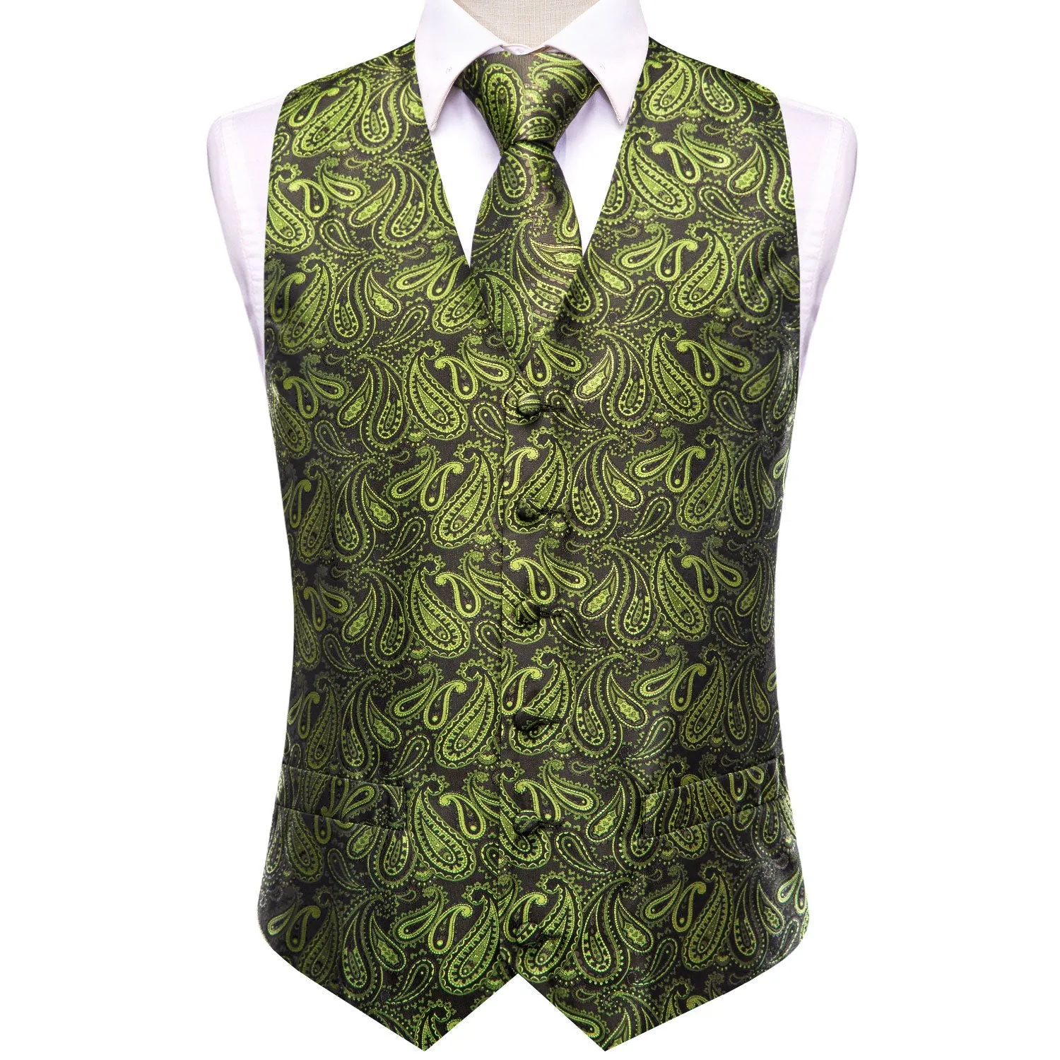 Ties2you Vest for Mens Pickle Green Paisley Jacquard Silk Vest Hanky Cufflinks Tie Set