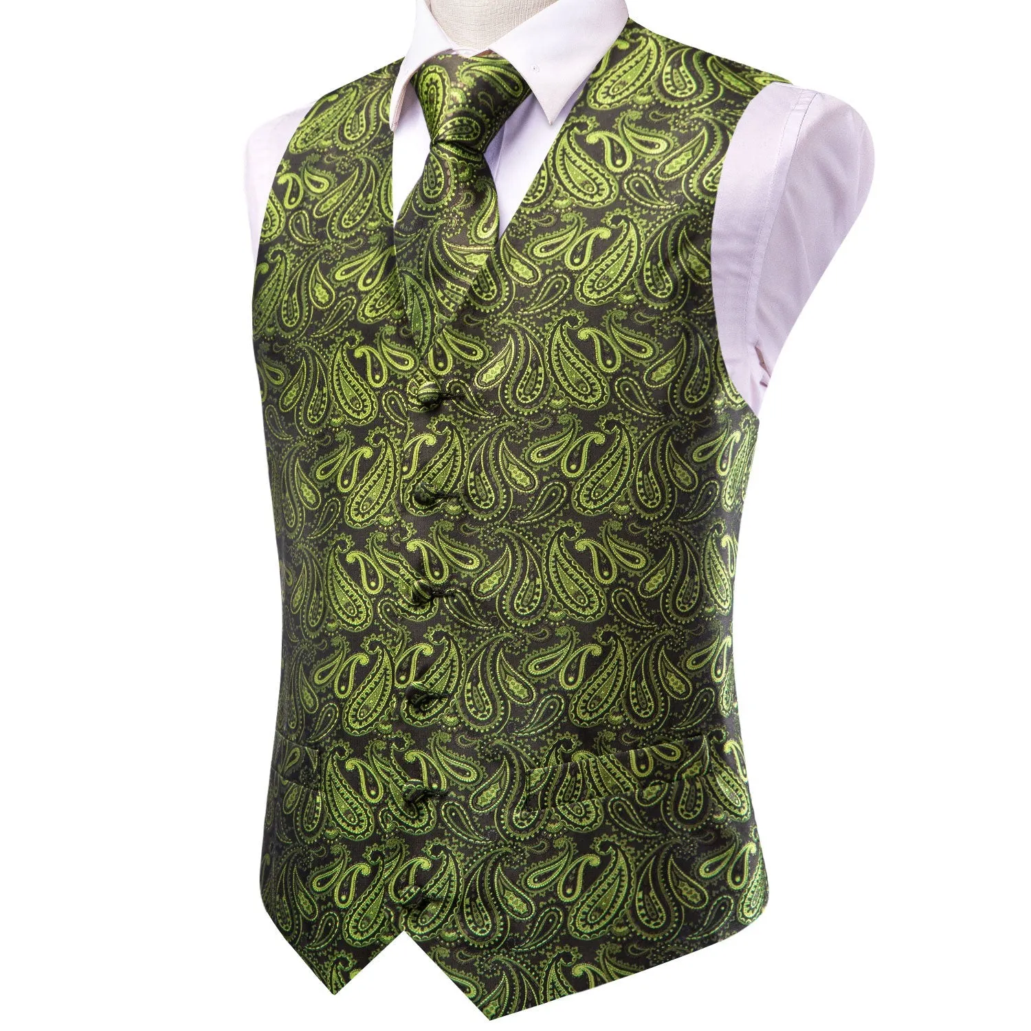 Ties2you Vest for Mens Pickle Green Paisley Jacquard Silk Vest Hanky Cufflinks Tie Set