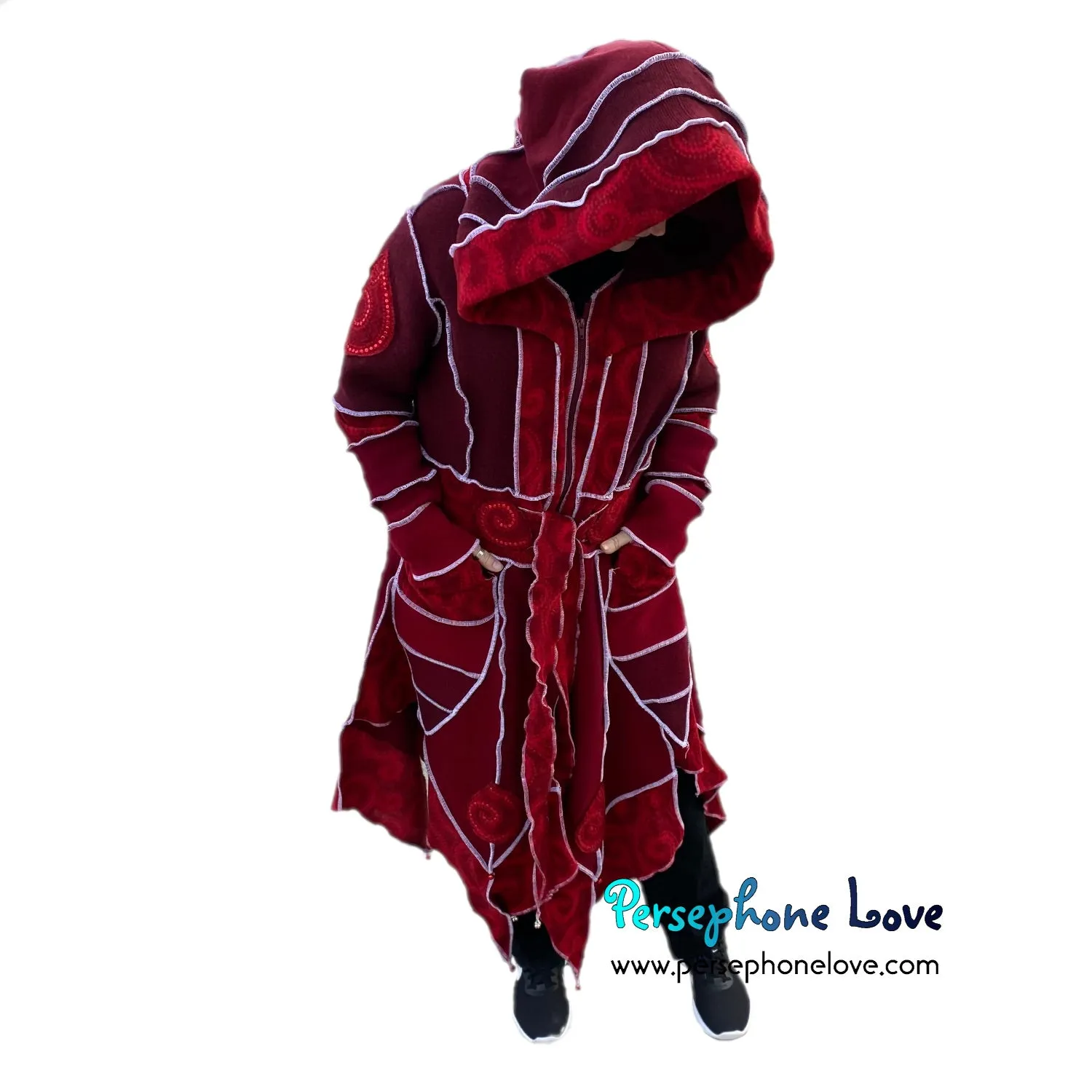 “Utopia” Red pixie felted 100% cashmere/fleece Katwise-inspired sequin sweatercoat-2552