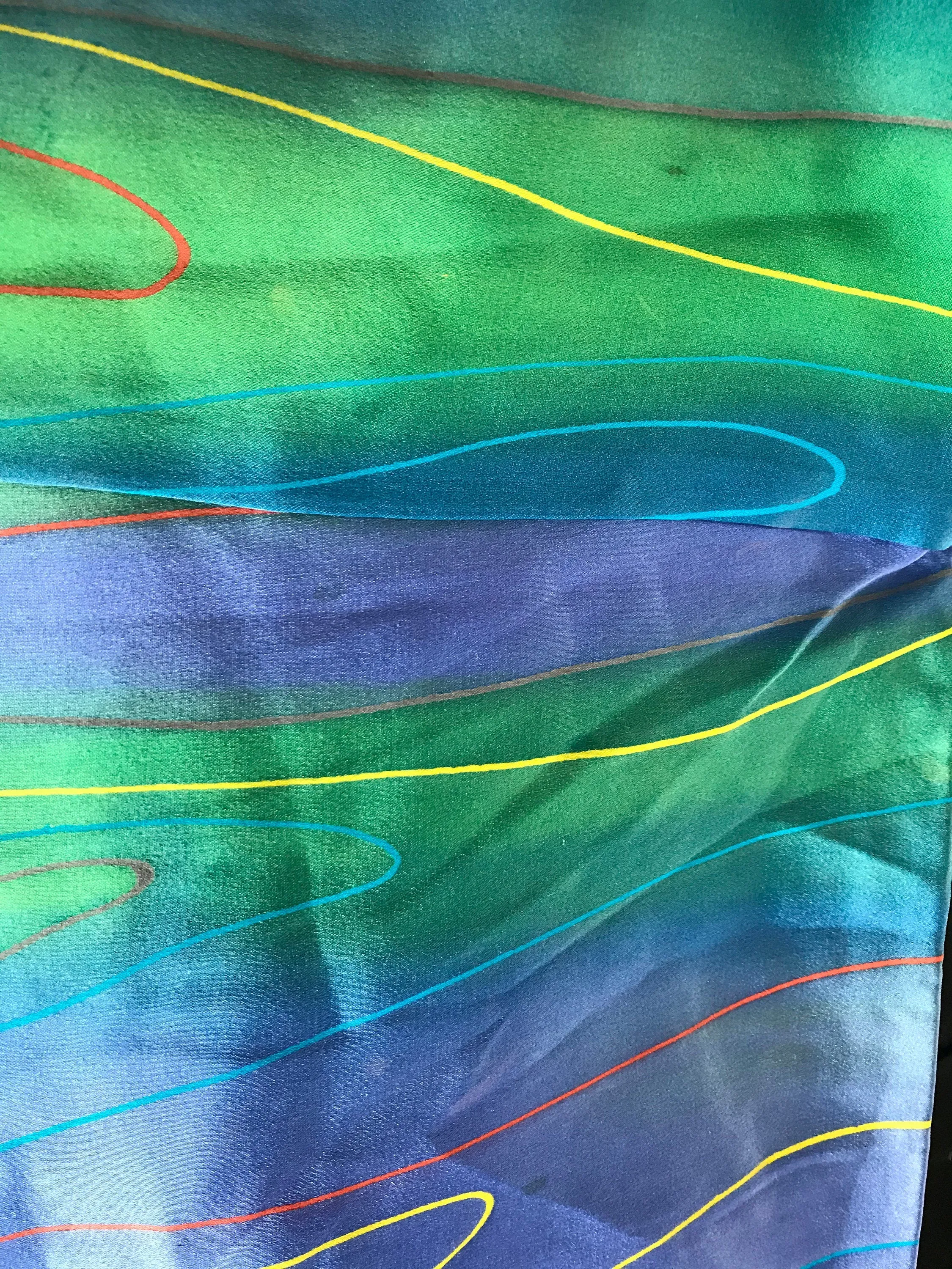 Very Retro 1980s Vintage Silk Kimono - Blue and Green with Abstract Yellow and Red Lines