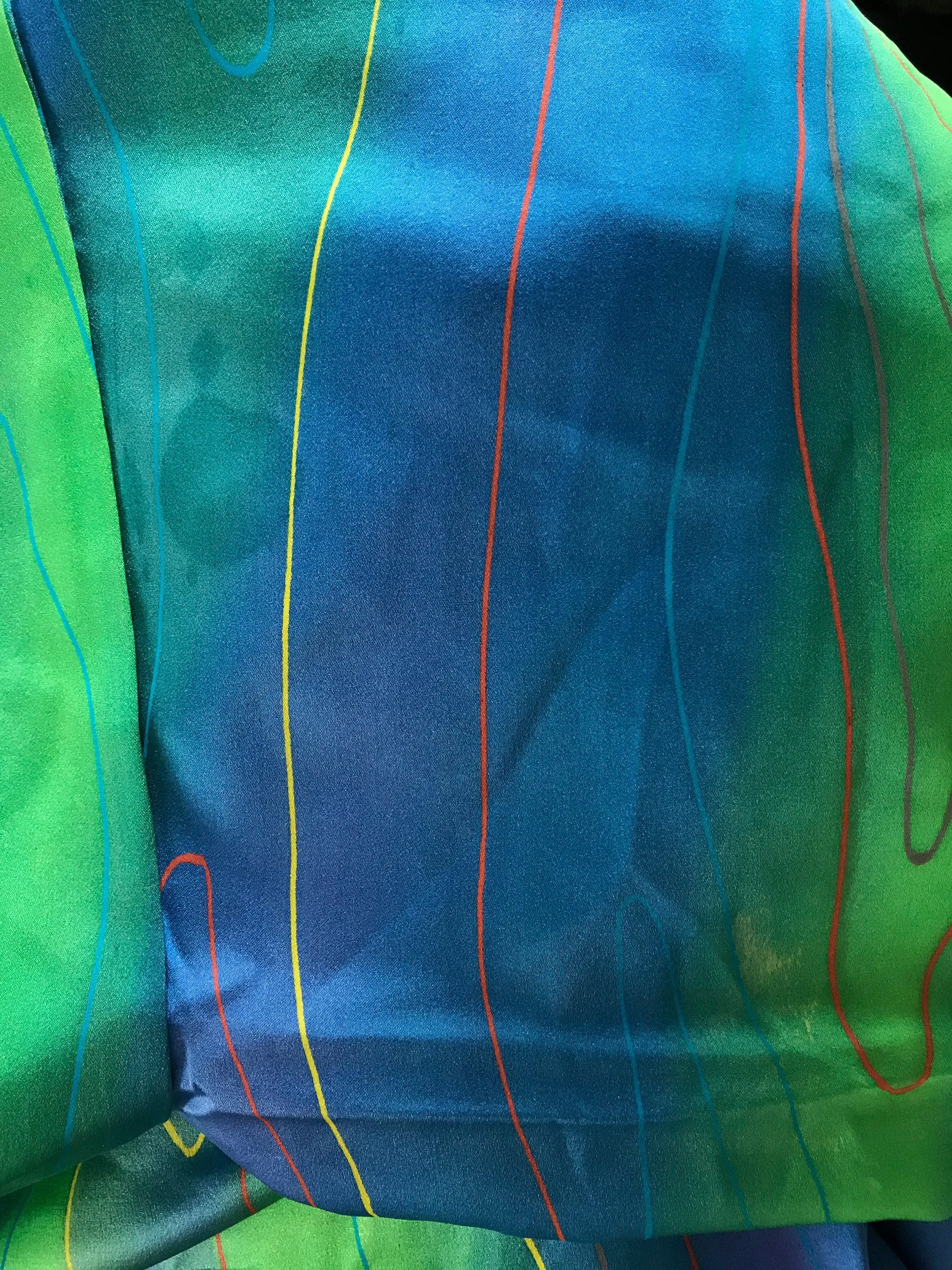 Very Retro 1980s Vintage Silk Kimono - Blue and Green with Abstract Yellow and Red Lines