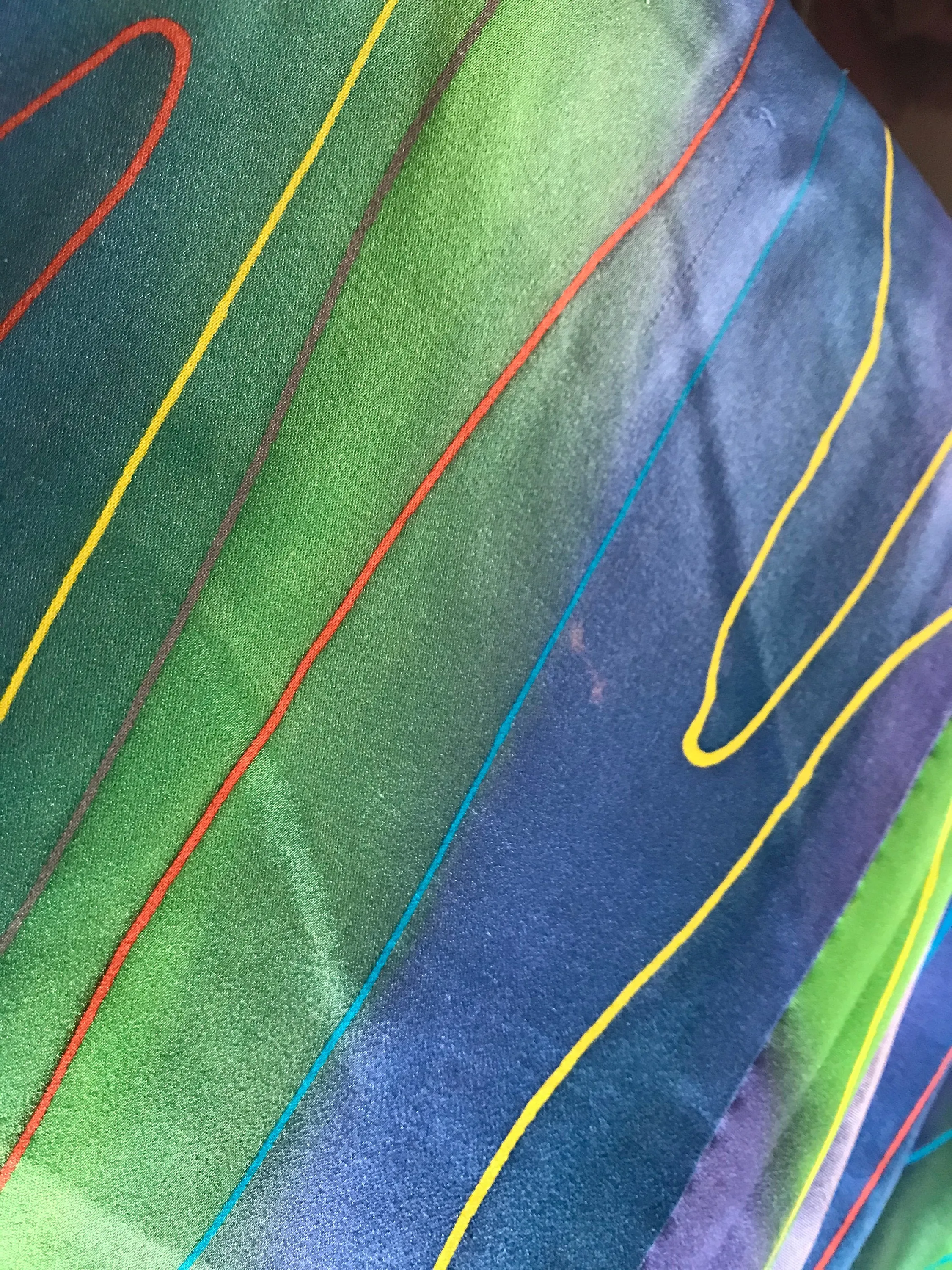 Very Retro 1980s Vintage Silk Kimono - Blue and Green with Abstract Yellow and Red Lines