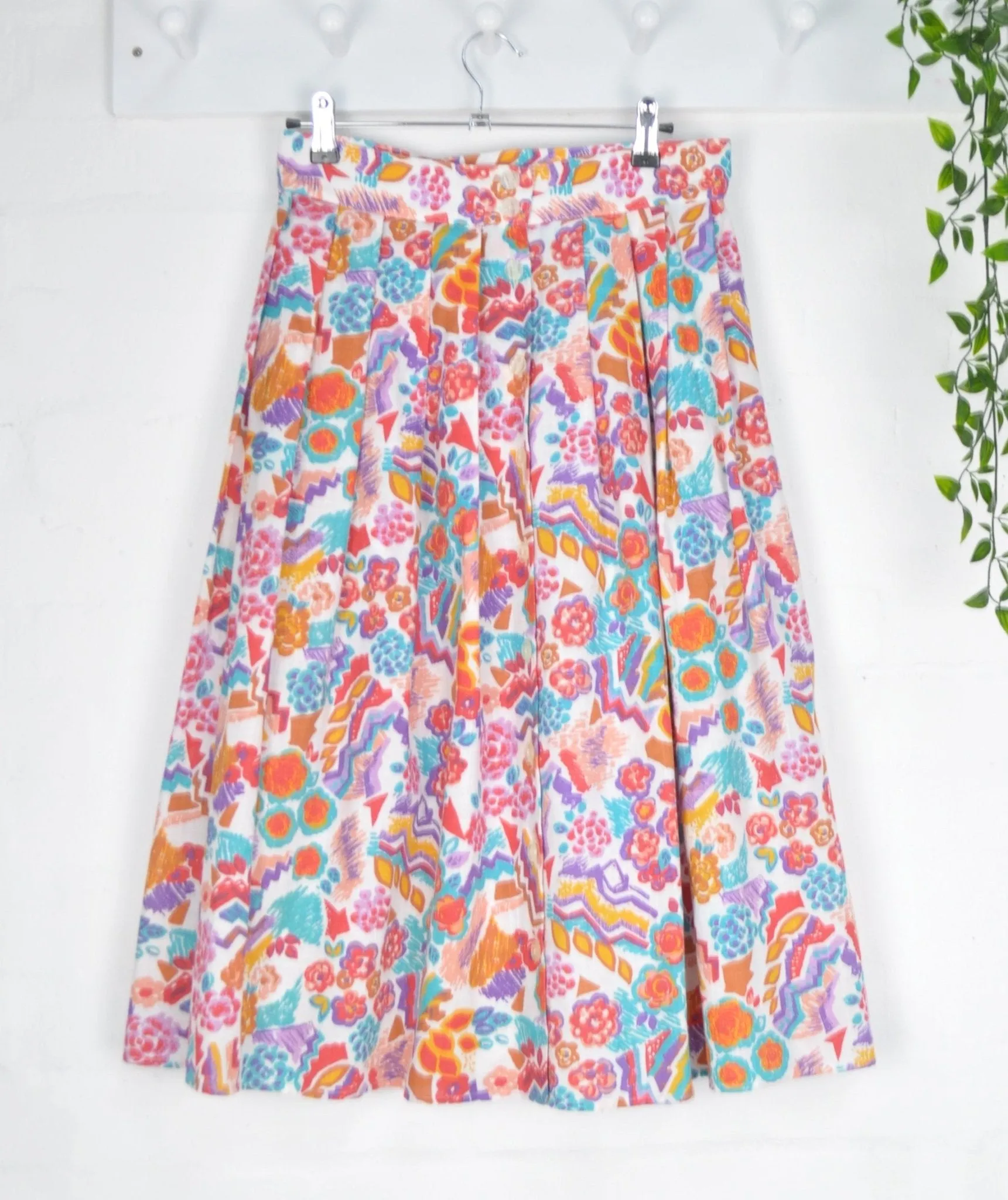 Vintage 80's Graphic Tropical Print Pleated Midi Skirt 10-12