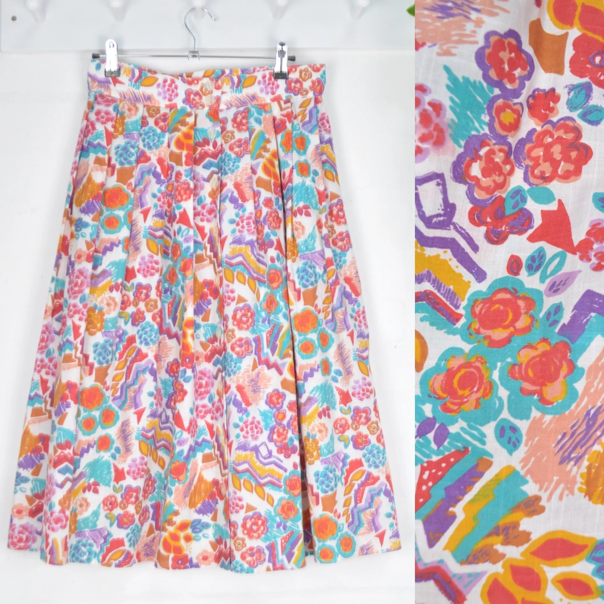 Vintage 80's Graphic Tropical Print Pleated Midi Skirt 10-12
