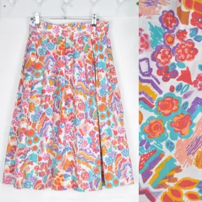 Vintage 80's Graphic Tropical Print Pleated Midi Skirt 10-12