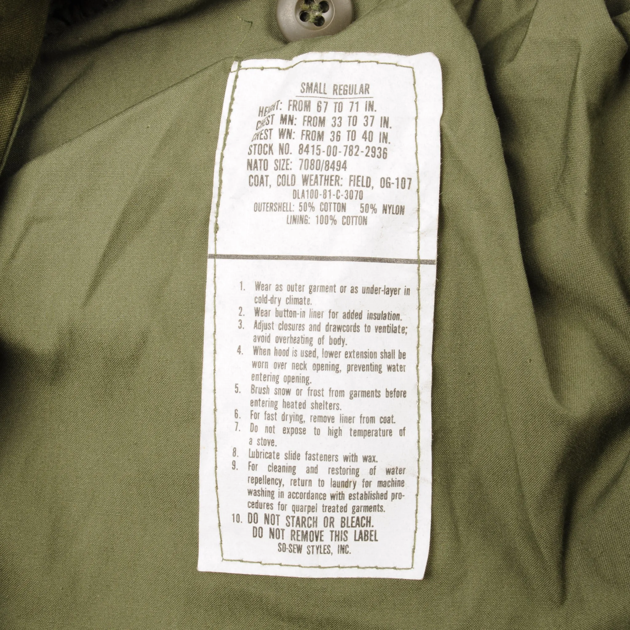 VINTAGE US ARMY M-1965 M65 FIELD JACKET 1981 SIZE SMALL REGULAR NOS DEADSTOCK