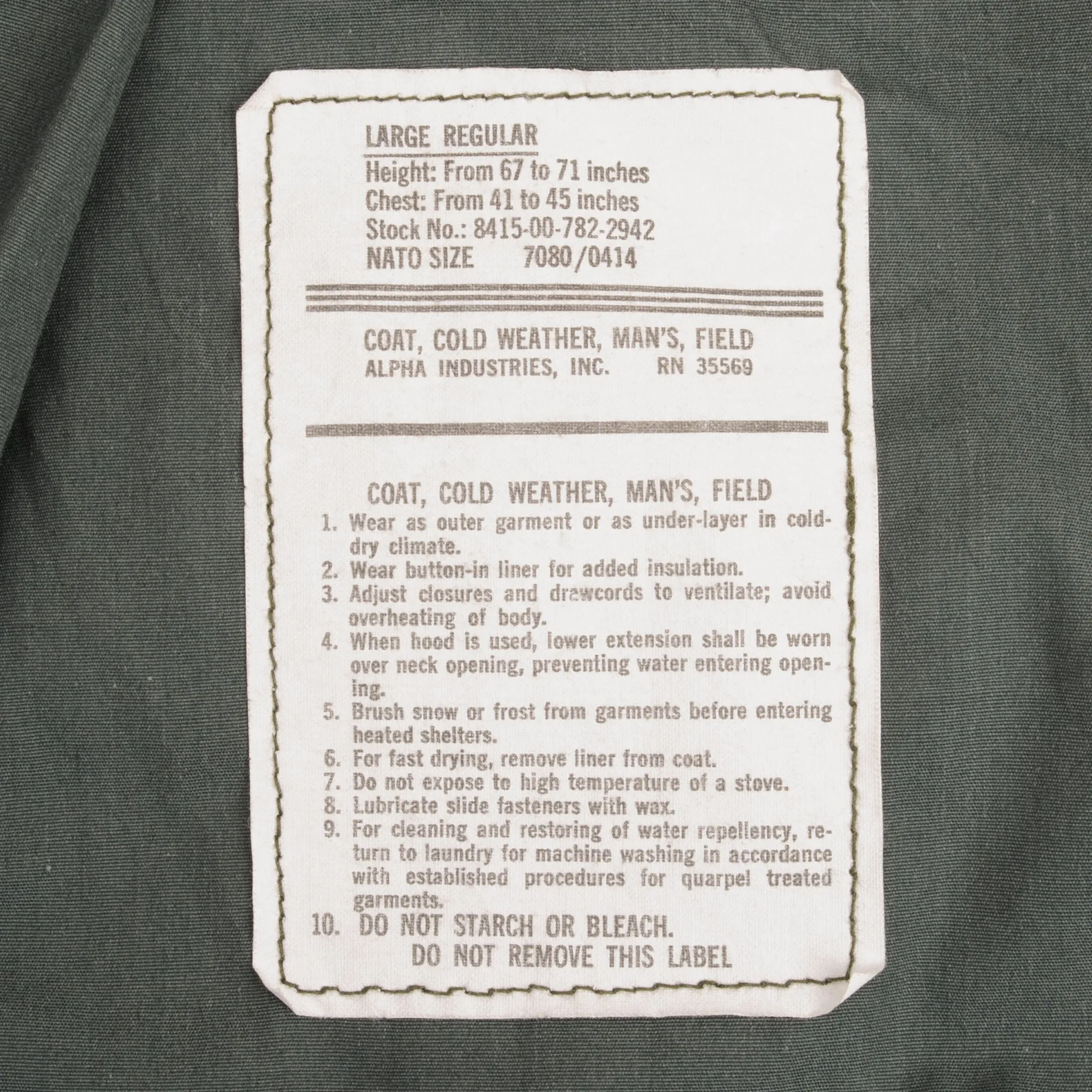 VINTAGE US ARMY M65 ALPHA IND FIELD JACKET 1970S VIETNAM WAR SIZE LARGE W LINER