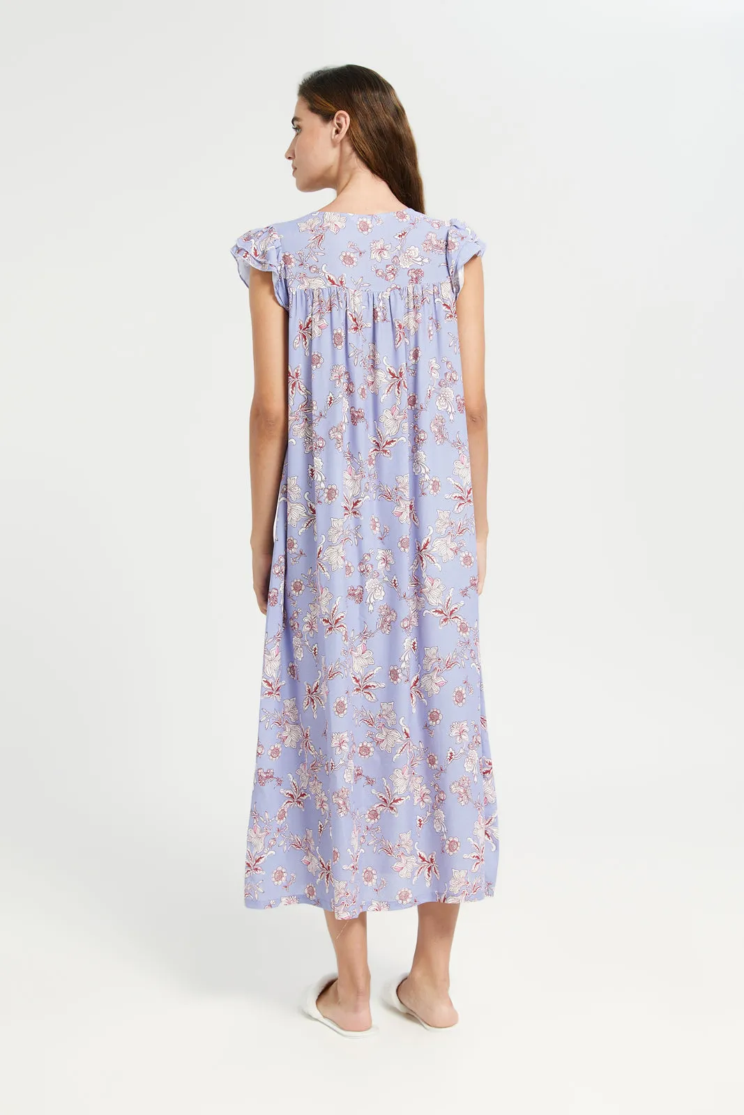 Women Blue Printed Front Lace Cap Sleeve Nightgown