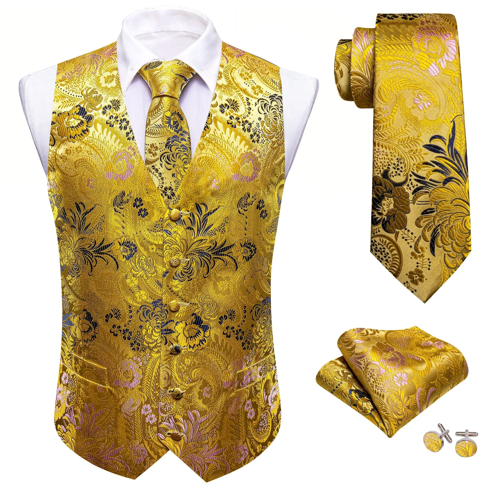 Yellow Floral Jacquard Silk Luxury Men's Vest Hanky Cufflinks Tie Set