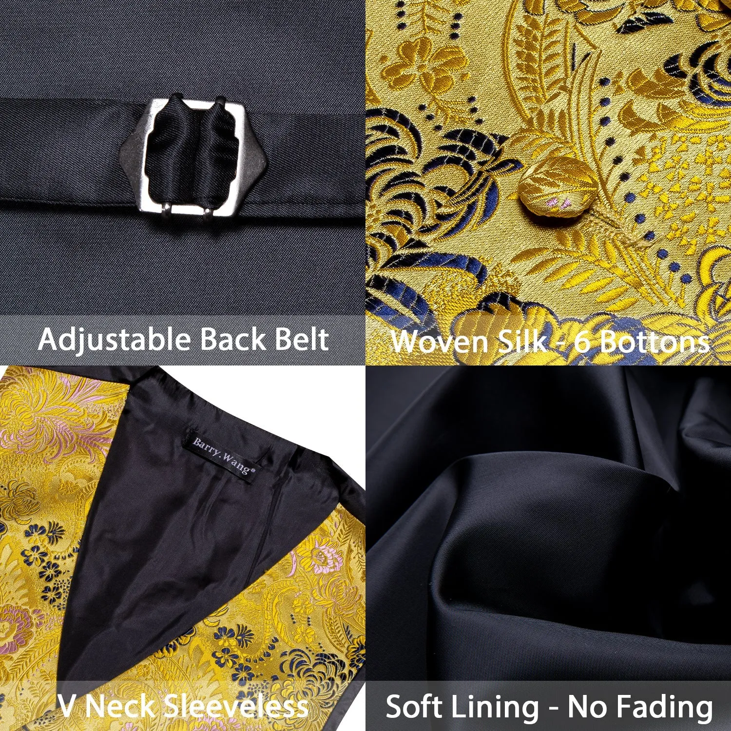 Yellow Floral Jacquard Silk Luxury Men's Vest Hanky Cufflinks Tie Set