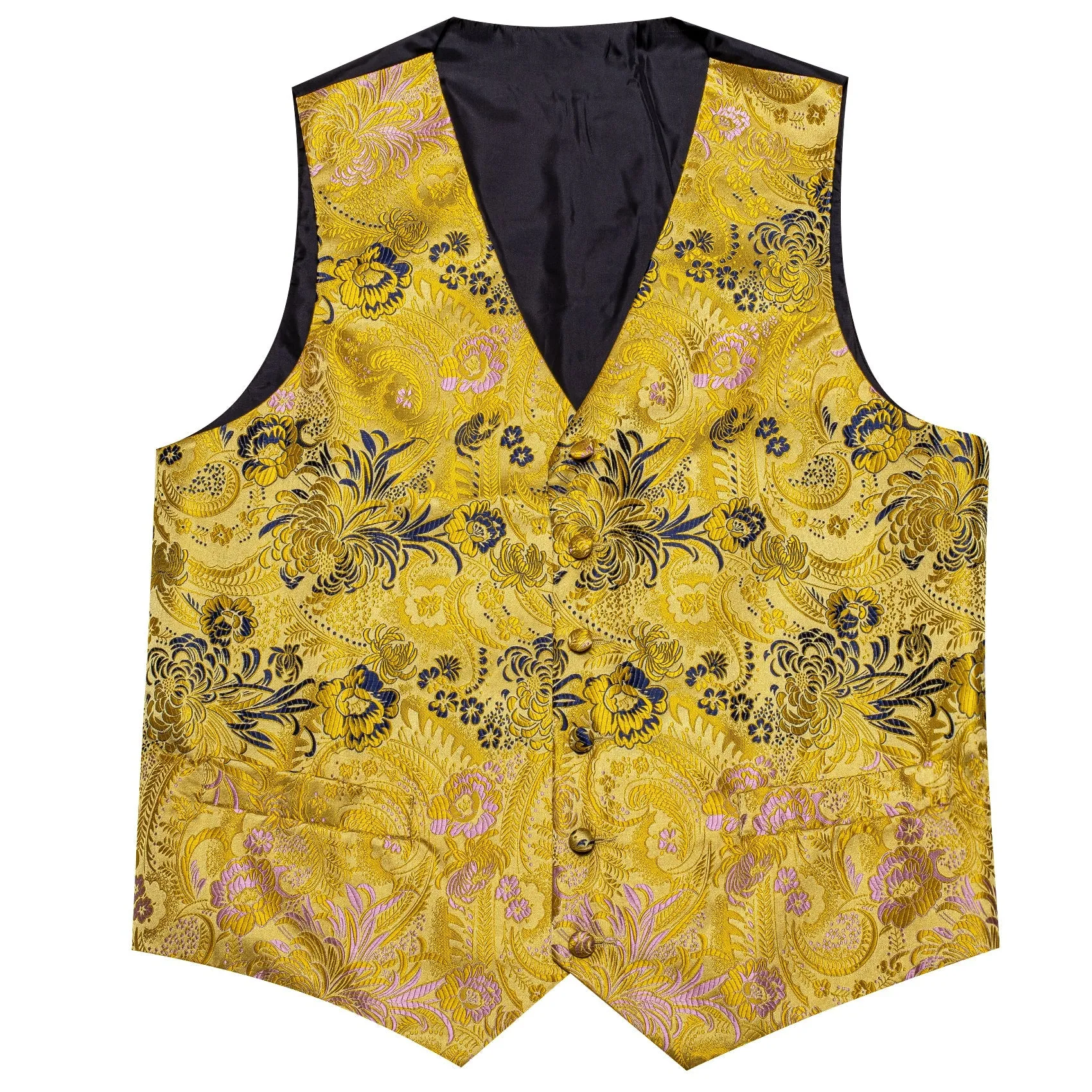Yellow Floral Jacquard Silk Luxury Men's Vest Hanky Cufflinks Tie Set