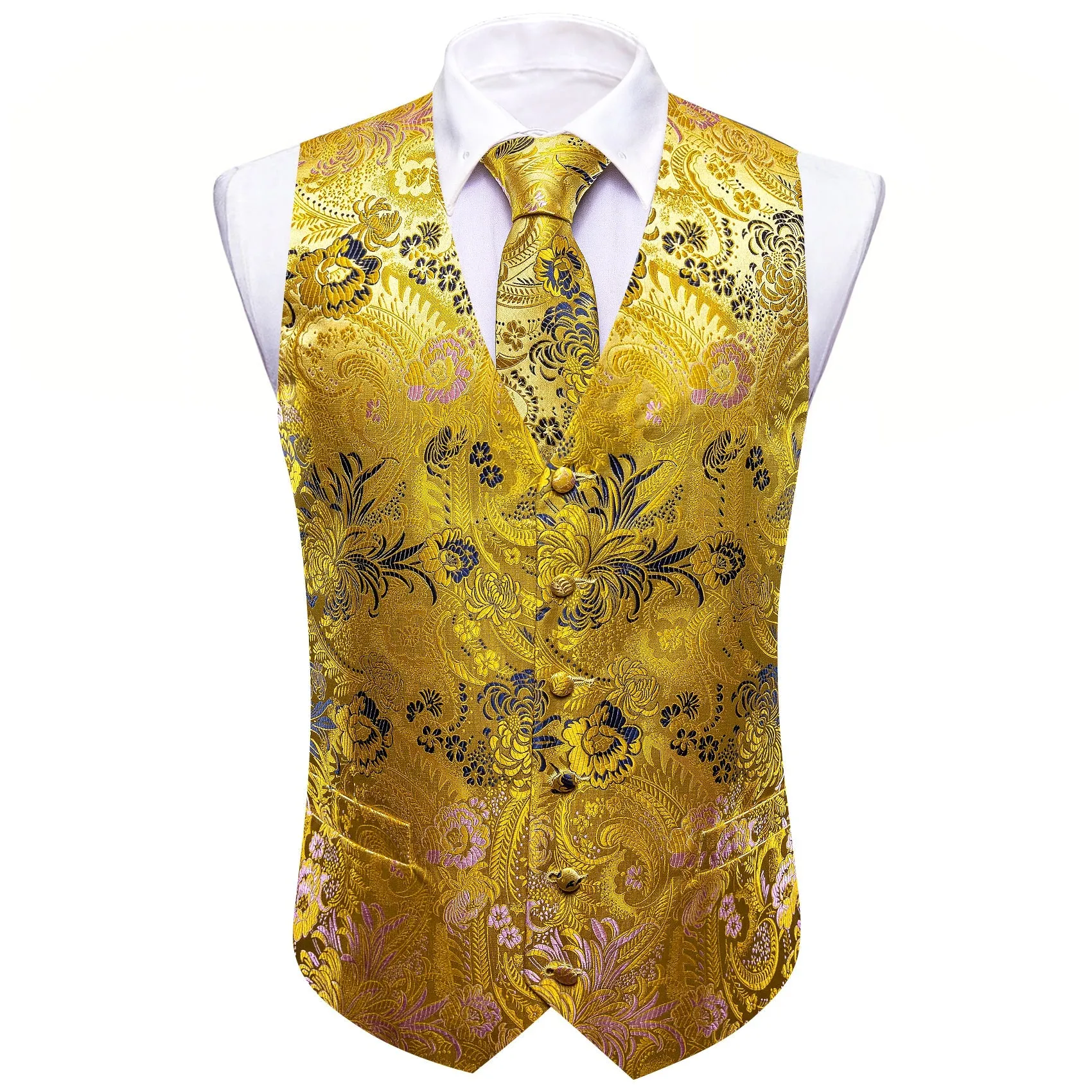 Yellow Floral Jacquard Silk Luxury Men's Vest Hanky Cufflinks Tie Set